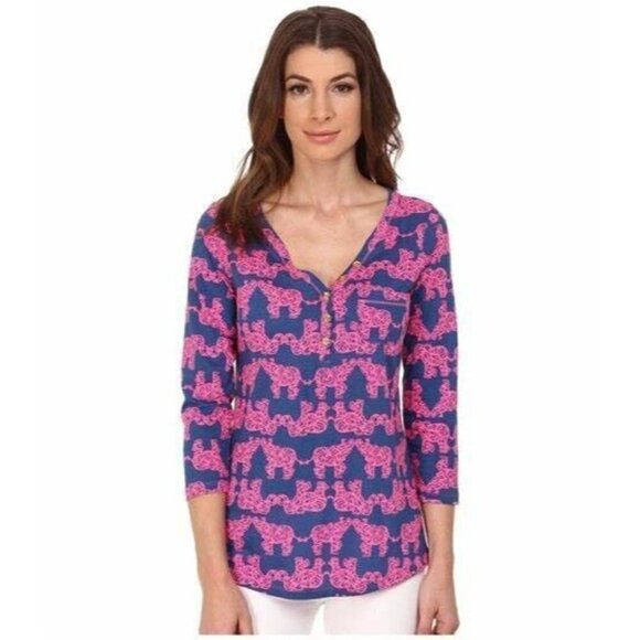 Lily Pulitzer Palmetto V Neck Elephant Printed Shirt Top 2XS Pima Cotton - Picture 1 of 9